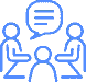 Blue outlined icons show three people seated around a table in a meeting, with a speech bubble indicating discussion.